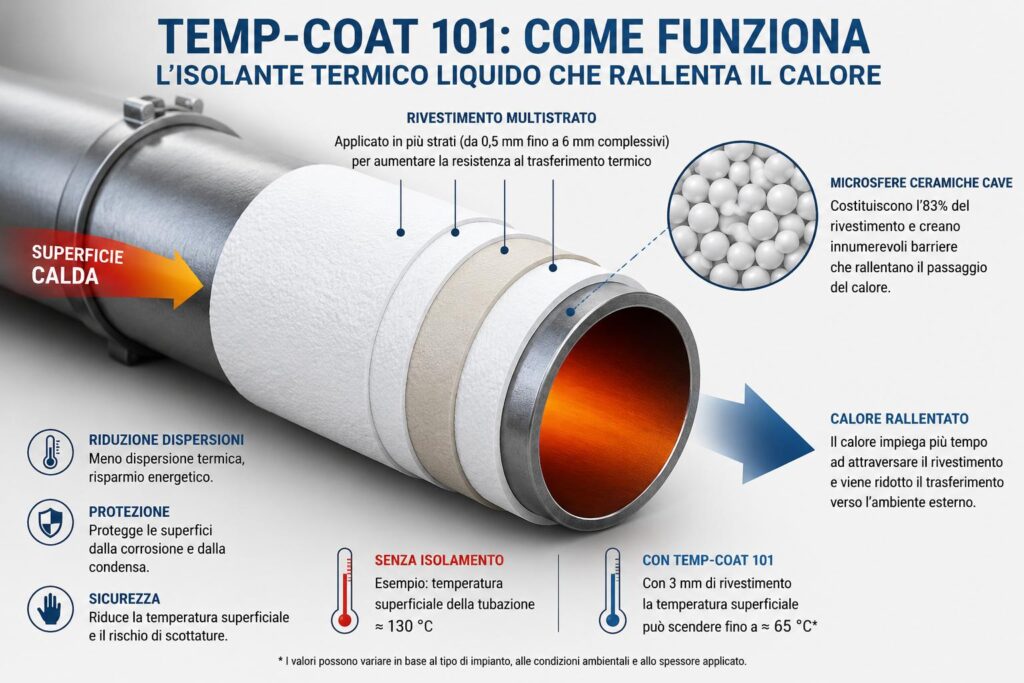 Isolante termico liquido TEMP-COAT-101 applicato in più strati su tubazione calda.